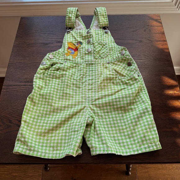 POOH Disney Green Checkered Gingham Kids Overalls / size 7-8 - Picture 1 of 7